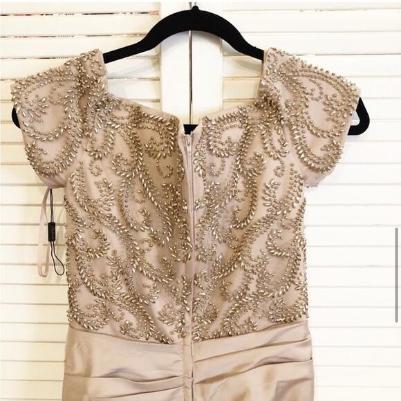 NWOT La Femme Off the Shoulder Beaded Satin Trumpet Gown in Champagne - Picture 10 of 11